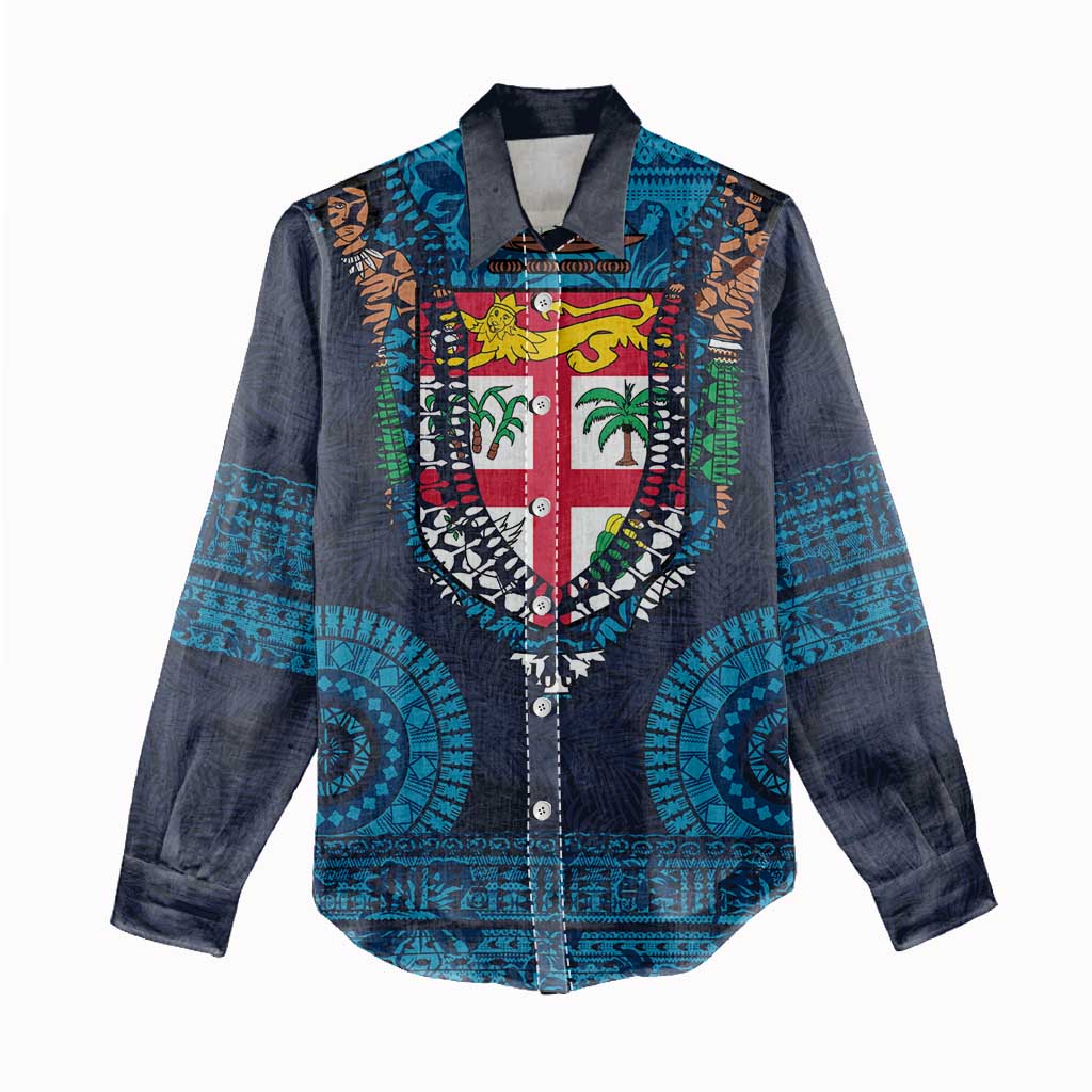 Fiji Coat of Arms Traditional Dashiki Women Casual Shirt Tapa Art and Palm Leaves Pattern Dark Navy Color LT03 - Polynesian Pride