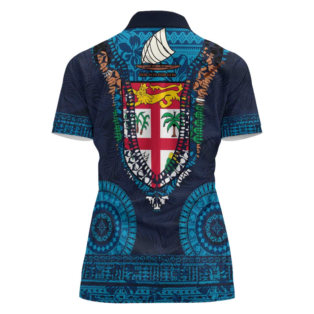 Fiji Coat of Arms Traditional Dashiki Women Polo Shirt Tapa Art and Palm Leaves Pattern Dark Navy Color - Polynesian Pride