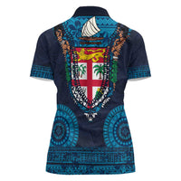 Fiji Coat of Arms Traditional Dashiki Women Polo Shirt Tapa Art and Palm Leaves Pattern Dark Navy Color - Polynesian Pride