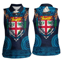 Fiji Coat of Arms Traditional Dashiki Women Sleeveless Polo Shirt Tapa Art and Palm Leaves Pattern Dark Navy Color - Polynesian Pride