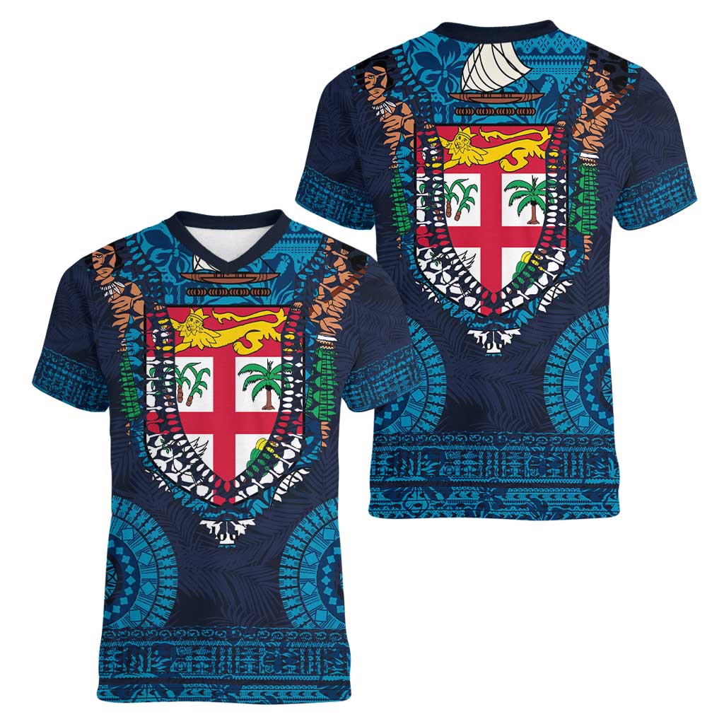 Fiji Coat of Arms Traditional Dashiki Women V-Neck T-Shirt Tapa Art and Palm Leaves Pattern Dark Navy Color - Polynesian Pride