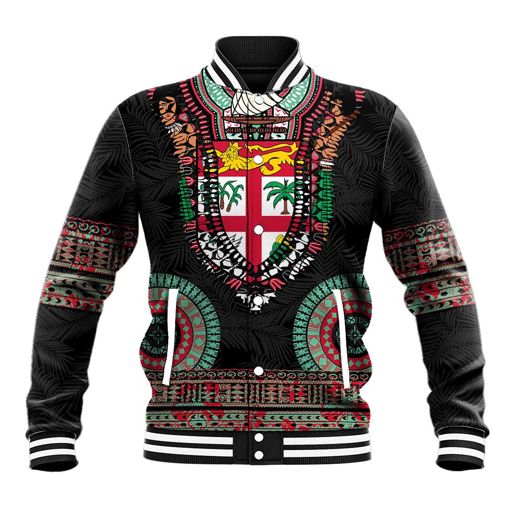 Fiji Coat of Arms Traditional Dashiki Baseball Jacket Tapa Art and Palm Leaves Pattern Black Color - Polynesian Pride