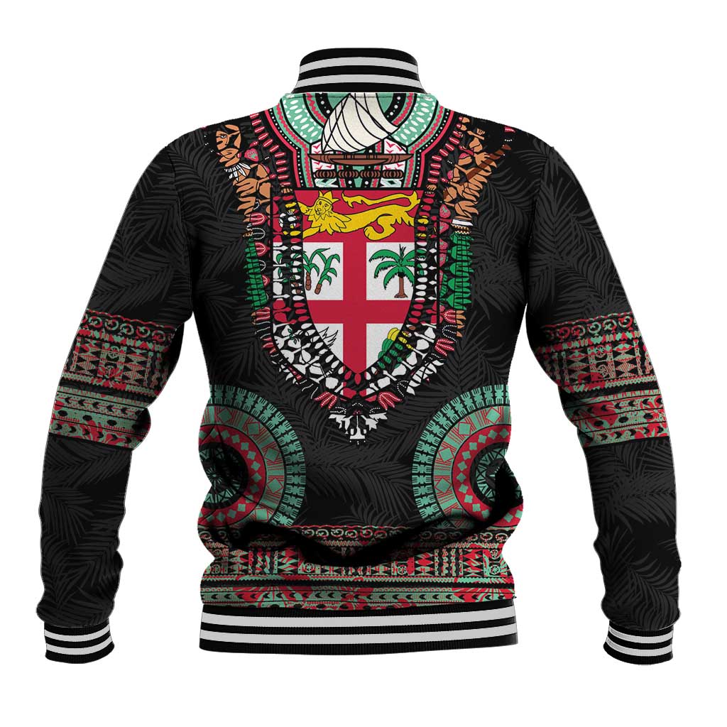 Fiji Coat of Arms Traditional Dashiki Baseball Jacket Tapa Art and Palm Leaves Pattern Black Color - Polynesian Pride