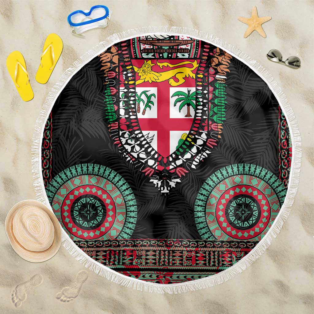 Fiji Coat of Arms Traditional Dashiki Beach Blanket Tapa Art and Palm Leaves Pattern Black Color - Polynesian Pride
