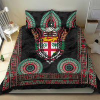 Fiji Coat of Arms Traditional Dashiki Bedding Set Tapa Art and Palm Leaves Pattern Black Color - Polynesian Pride