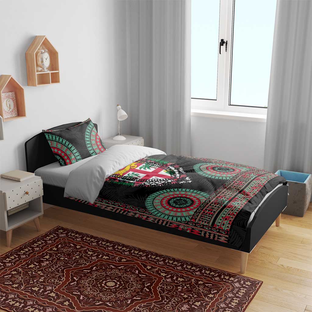 Fiji Coat of Arms Traditional Dashiki Bedding Set Tapa Art and Palm Leaves Pattern Black Color - Polynesian Pride