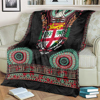 Fiji Coat of Arms Traditional Dashiki Blanket Tapa Art and Palm Leaves Pattern Black Color - Polynesian Pride