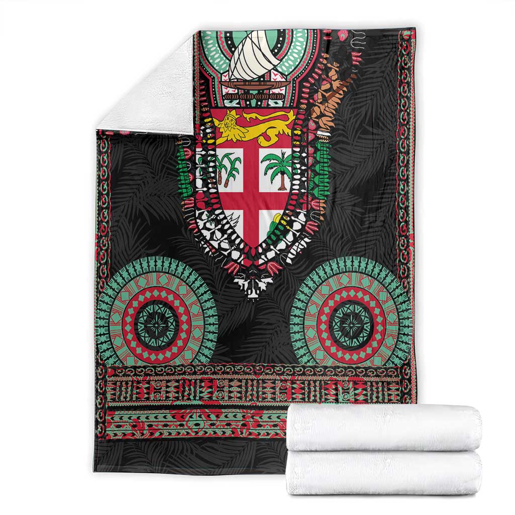 Fiji Coat of Arms Traditional Dashiki Blanket Tapa Art and Palm Leaves Pattern Black Color - Polynesian Pride