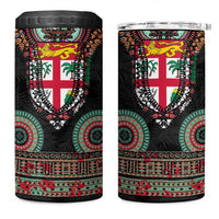 Fiji Coat of Arms Traditional Dashiki 4 in 1 Can Cooler Tumbler Tapa Art and Palm Leaves Pattern Black Color - Polynesian Pride
