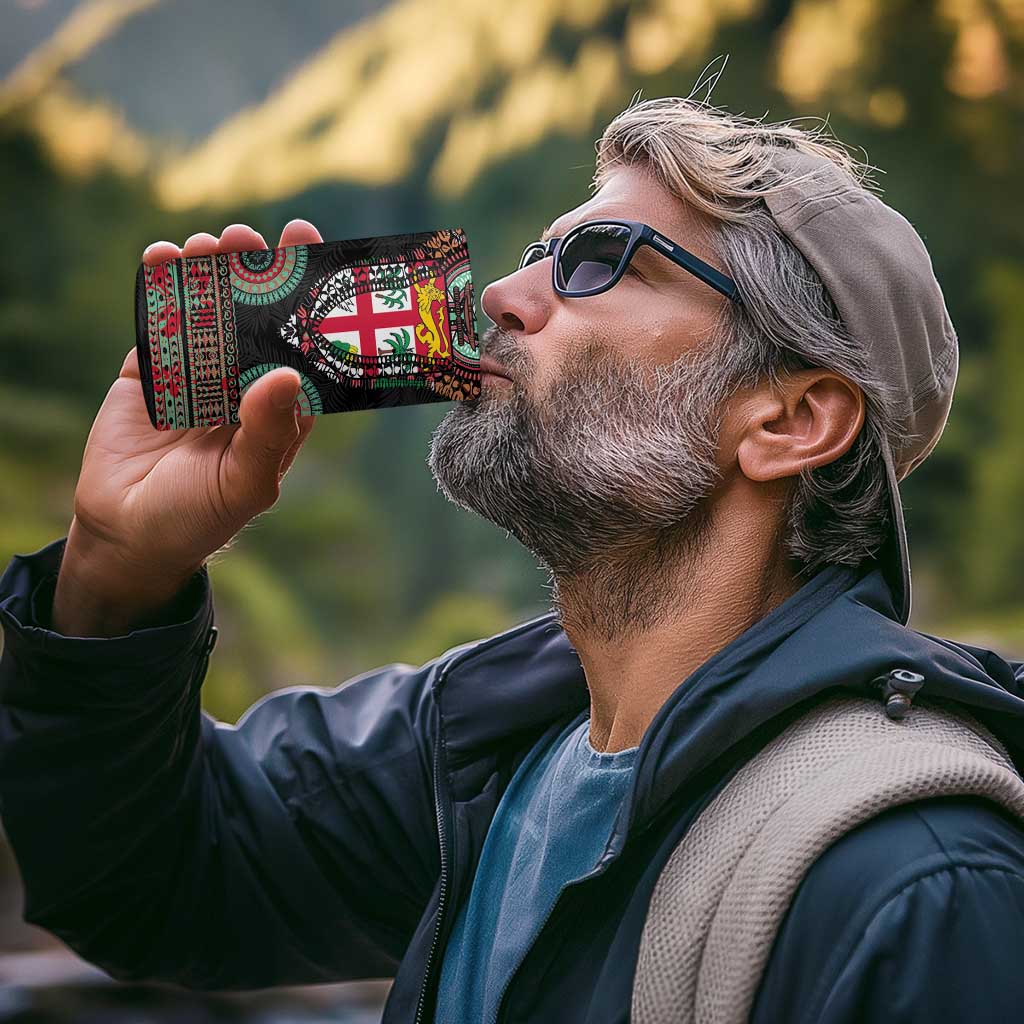 Fiji Coat of Arms Traditional Dashiki 4 in 1 Can Cooler Tumbler Tapa Art and Palm Leaves Pattern Black Color - Polynesian Pride