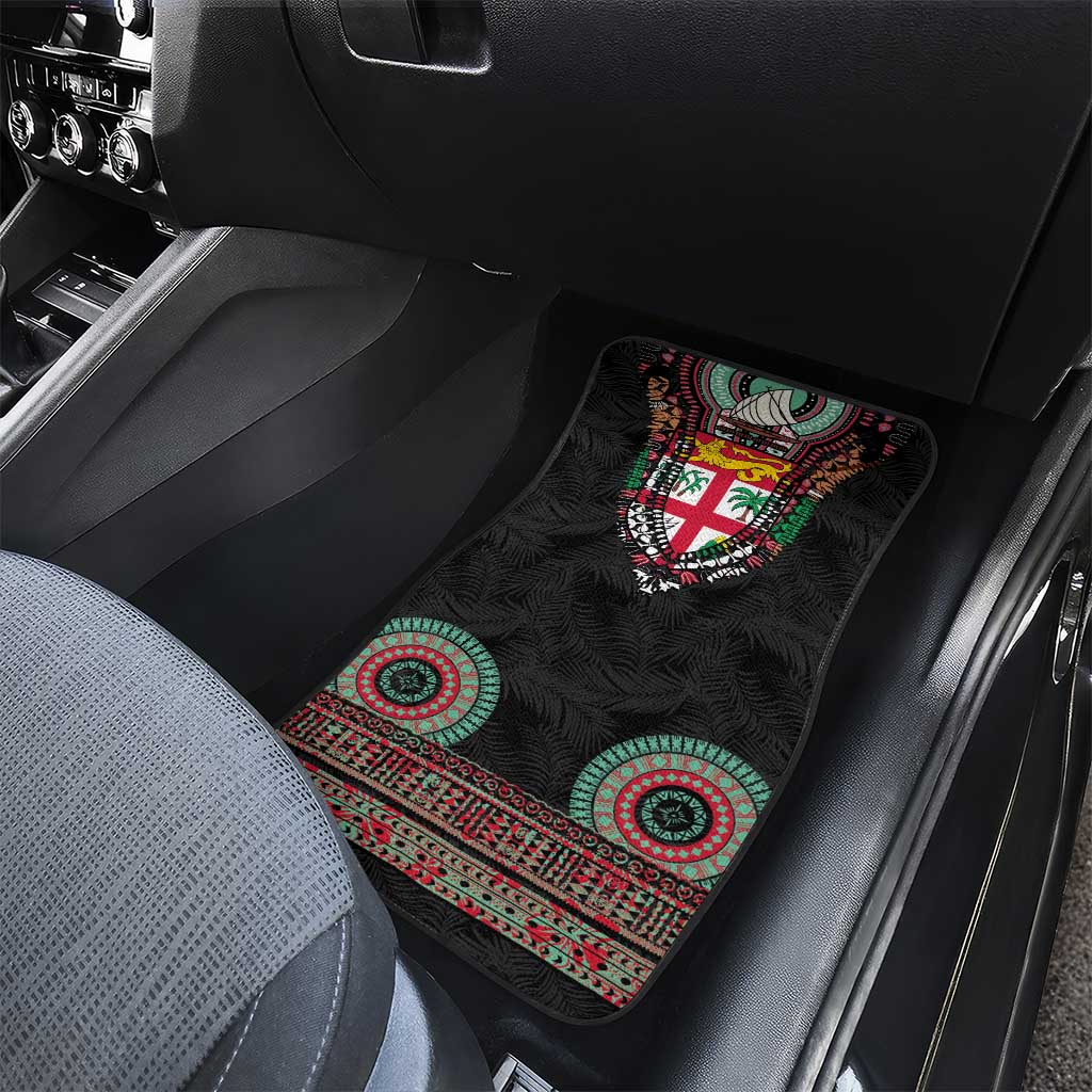 Fiji Coat of Arms Traditional Dashiki Car Mats Tapa Art and Palm Leaves Pattern Black Color - Polynesian Pride