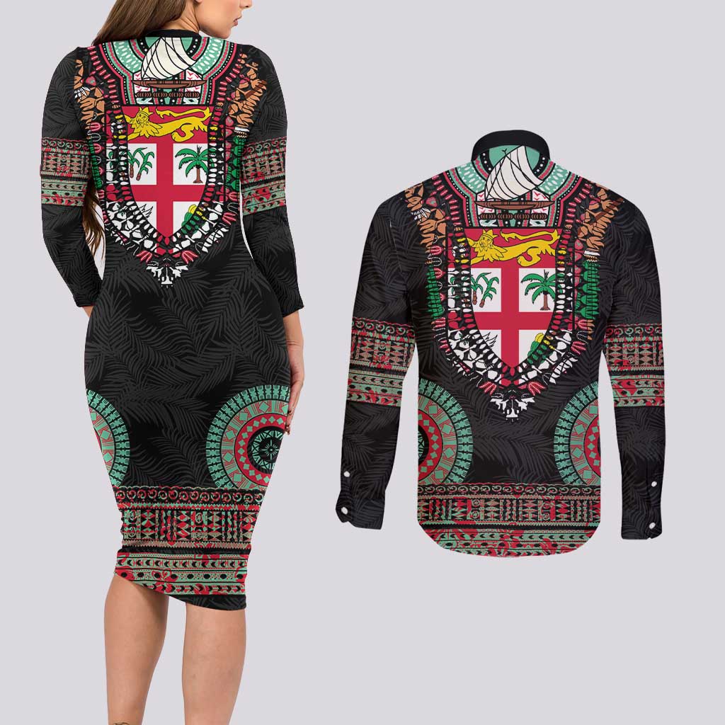 Fiji Coat of Arms Traditional Dashiki Couples Matching Long Sleeve Bodycon Dress and Long Sleeve Button Shirt Tapa Art and Palm Leaves Pattern Black Color - Polynesian Pride