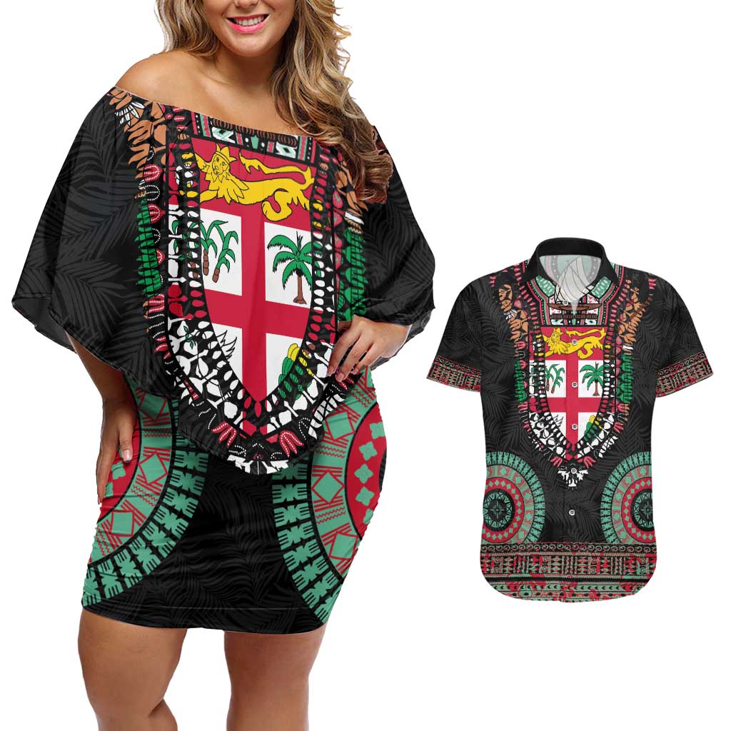 Fiji Coat of Arms Traditional Dashiki Couples Matching Off Shoulder Short Dress and Hawaiian Shirt Tapa Art and Palm Leaves Pattern Black Color - Polynesian Pride
