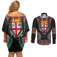 Fiji Coat of Arms Traditional Dashiki Couples Matching Off Shoulder Short Dress and Long Sleeve Button Shirt Tapa Art and Palm Leaves Pattern Black Color - Polynesian Pride