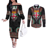 Fiji Coat of Arms Traditional Dashiki Couples Matching Off The Shoulder Long Sleeve Dress and Long Sleeve Button Shirt Tapa Art and Palm Leaves Pattern Black Color - Polynesian Pride