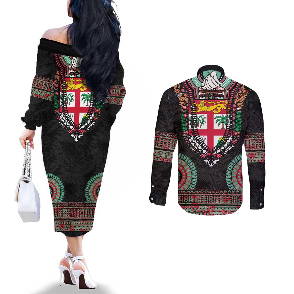 Fiji Coat of Arms Traditional Dashiki Couples Matching Off The Shoulder Long Sleeve Dress and Long Sleeve Button Shirt Tapa Art and Palm Leaves Pattern Black Color - Polynesian Pride