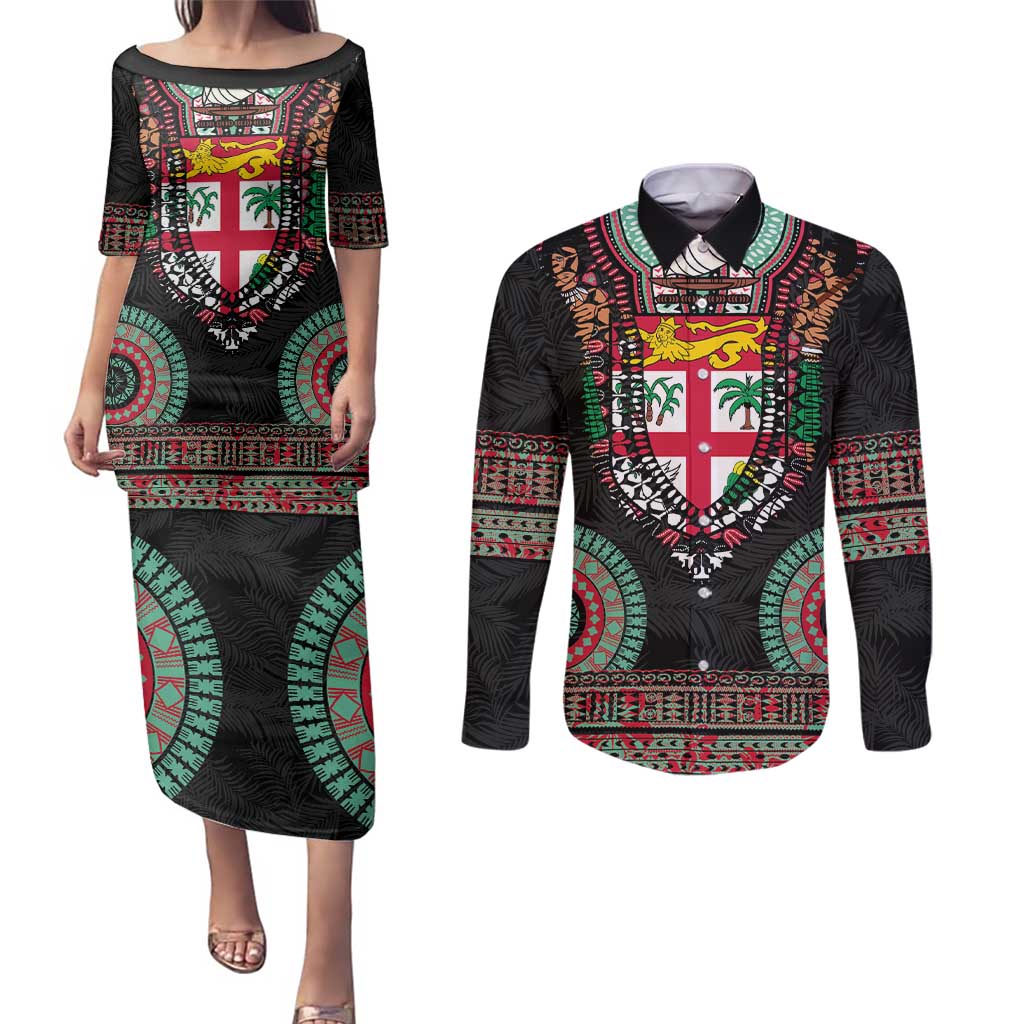 Fiji Coat of Arms Traditional Dashiki Couples Matching Puletasi and Long Sleeve Button Shirt Tapa Art and Palm Leaves Pattern Black Color - Polynesian Pride
