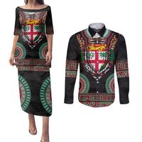 Fiji Coat of Arms Traditional Dashiki Couples Matching Puletasi and Long Sleeve Button Shirt Tapa Art and Palm Leaves Pattern Black Color LT03 Black - Polynesian Pride