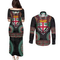 Fiji Coat of Arms Traditional Dashiki Couples Matching Puletasi and Long Sleeve Button Shirt Tapa Art and Palm Leaves Pattern Black Color LT03 - Polynesian Pride