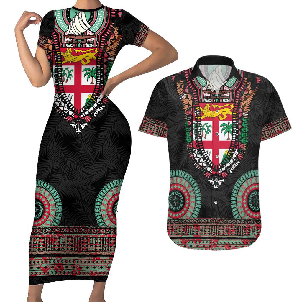 Fiji Coat of Arms Traditional Dashiki Couples Matching Short Sleeve Bodycon Dress and Hawaiian Shirt Tapa Art and Palm Leaves Pattern Black Color - Polynesian Pride