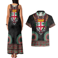 Fiji Coat of Arms Traditional Dashiki Couples Matching Tank Maxi Dress and Hawaiian Shirt Tapa Art and Palm Leaves Pattern Black Color - Polynesian Pride