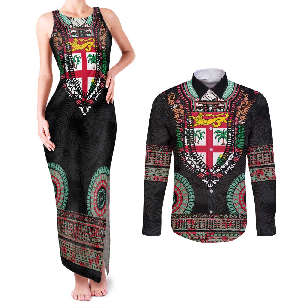 Fiji Coat of Arms Traditional Dashiki Couples Matching Tank Maxi Dress and Long Sleeve Button Shirt Tapa Art and Palm Leaves Pattern Black Color - Polynesian Pride