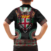 Fiji Coat of Arms Traditional Dashiki Family Matching Long Sleeve Bodycon Dress and Hawaiian Shirt Tapa Art and Palm Leaves Pattern Black Color - Polynesian Pride