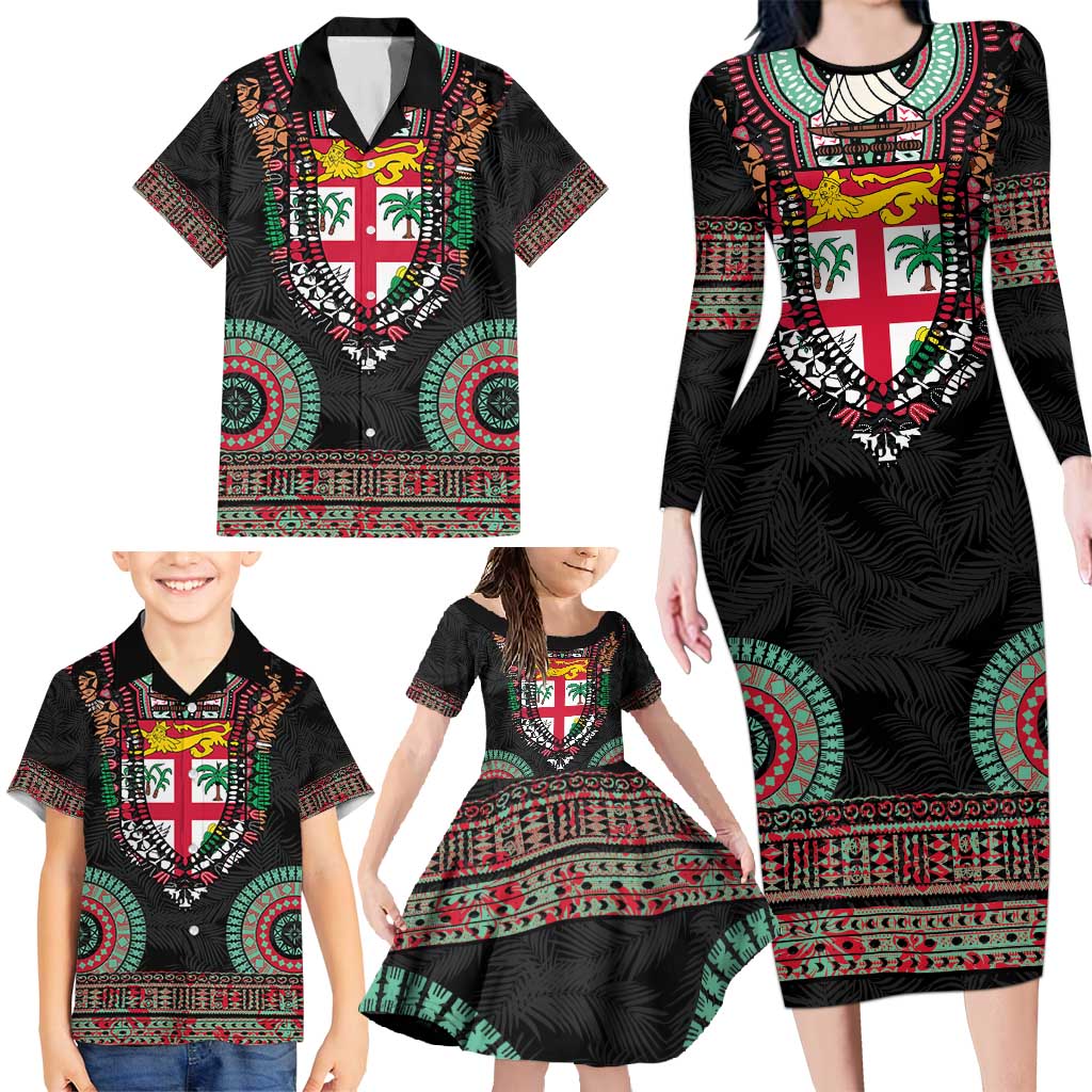 Fiji Coat of Arms Traditional Dashiki Family Matching Long Sleeve Bodycon Dress and Hawaiian Shirt Tapa Art and Palm Leaves Pattern Black Color - Polynesian Pride