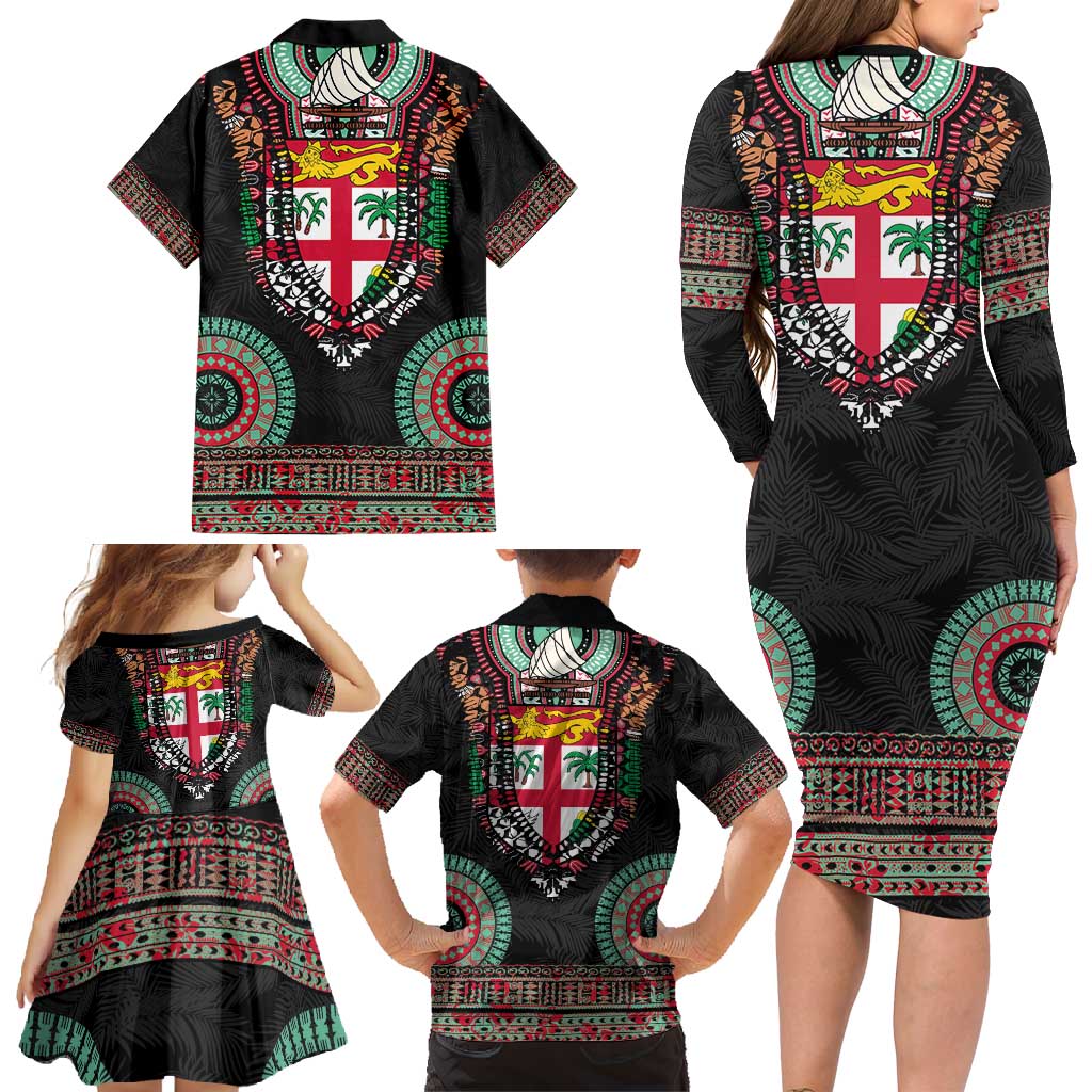 Fiji Coat of Arms Traditional Dashiki Family Matching Long Sleeve Bodycon Dress and Hawaiian Shirt Tapa Art and Palm Leaves Pattern Black Color - Polynesian Pride