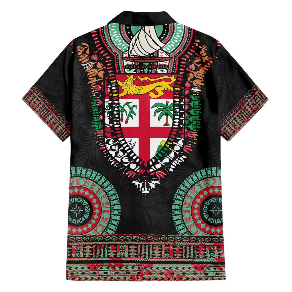 Fiji Coat of Arms Traditional Dashiki Family Matching Long Sleeve Bodycon Dress and Hawaiian Shirt Tapa Art and Palm Leaves Pattern Black Color - Polynesian Pride