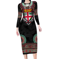 Fiji Coat of Arms Traditional Dashiki Family Matching Long Sleeve Bodycon Dress and Hawaiian Shirt Tapa Art and Palm Leaves Pattern Black Color - Polynesian Pride
