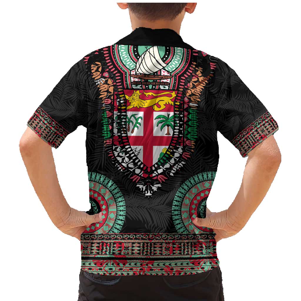 Fiji Coat of Arms Traditional Dashiki Family Matching Mermaid Dress and Hawaiian Shirt Tapa Art and Palm Leaves Pattern Black Color - Polynesian Pride