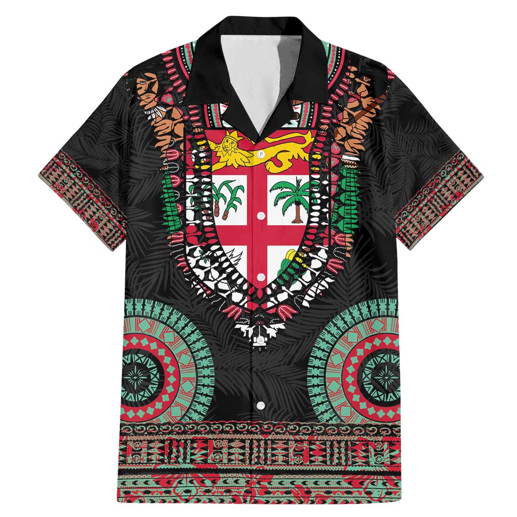 Fiji Coat of Arms Traditional Dashiki Family Matching Mermaid Dress and Hawaiian Shirt Tapa Art and Palm Leaves Pattern Black Color - Polynesian Pride