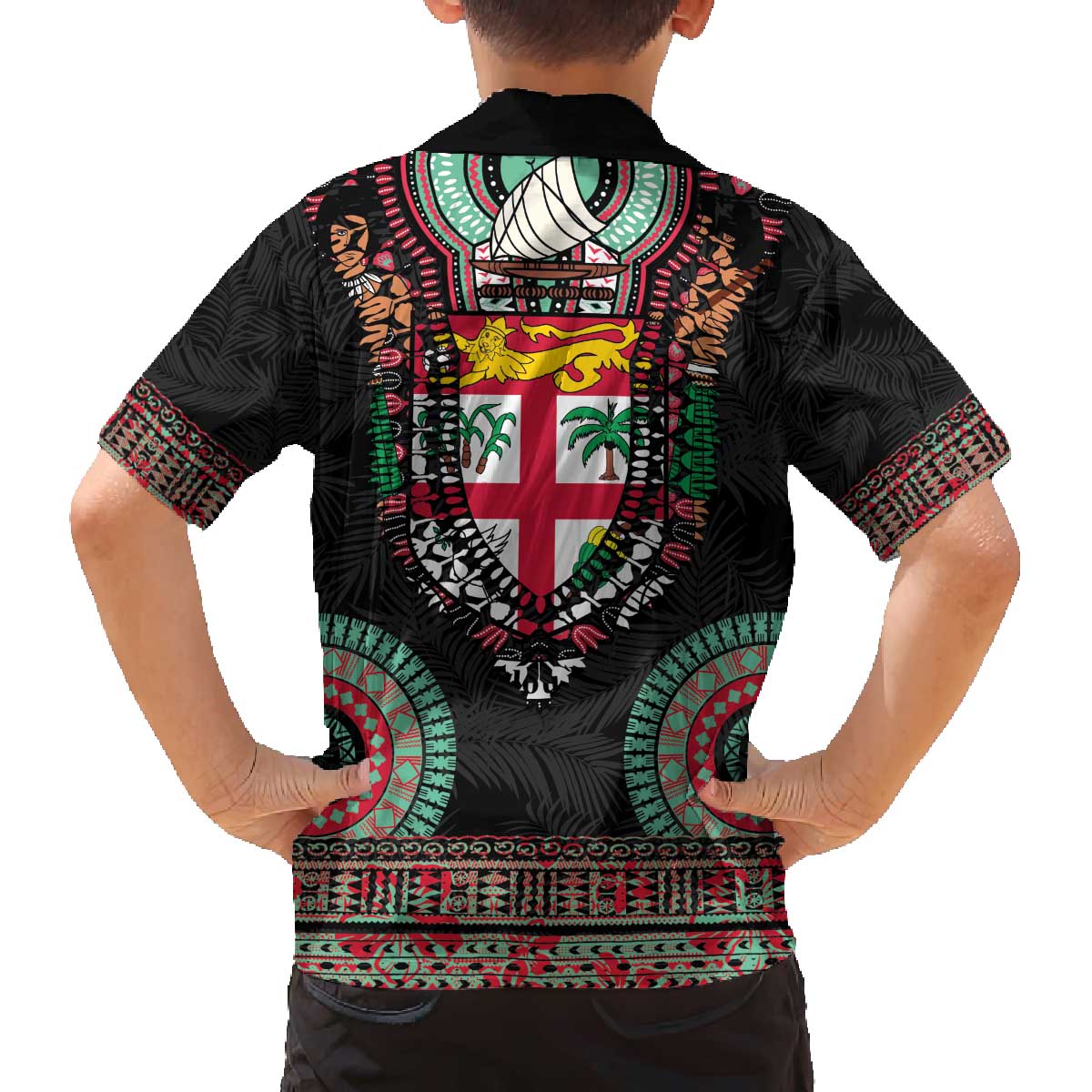 Fiji Coat of Arms Traditional Dashiki Family Matching Off The Shoulder Long Sleeve Dress and Hawaiian Shirt Tapa Art and Palm Leaves Pattern Black Color - Polynesian Pride