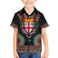 Fiji Coat of Arms Traditional Dashiki Family Matching Off The Shoulder Long Sleeve Dress and Hawaiian Shirt Tapa Art and Palm Leaves Pattern Black Color - Polynesian Pride