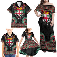 Fiji Coat of Arms Traditional Dashiki Family Matching Off Shoulder Maxi Dress and Hawaiian Shirt Tapa Art and Palm Leaves Pattern Black Color - Polynesian Pride