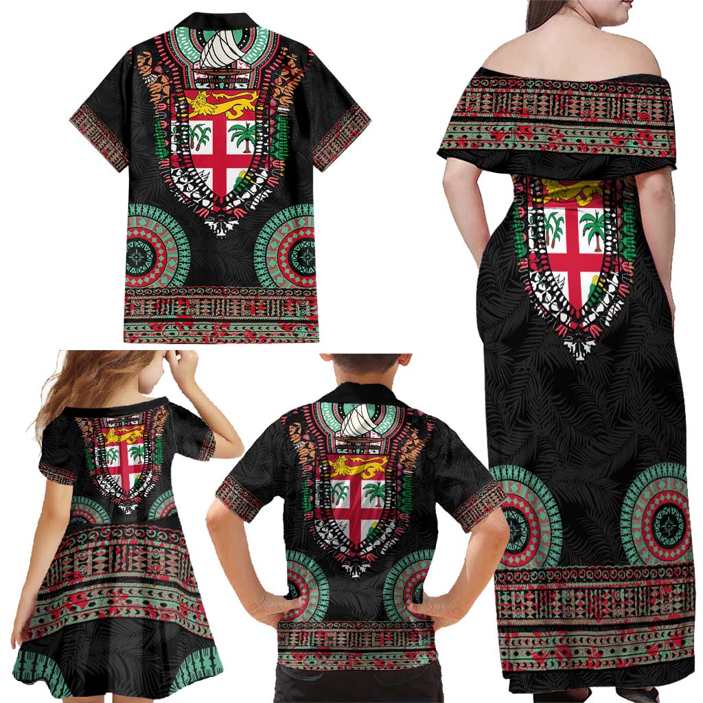 Fiji Coat of Arms Traditional Dashiki Family Matching Off Shoulder Maxi Dress and Hawaiian Shirt Tapa Art and Palm Leaves Pattern Black Color - Polynesian Pride