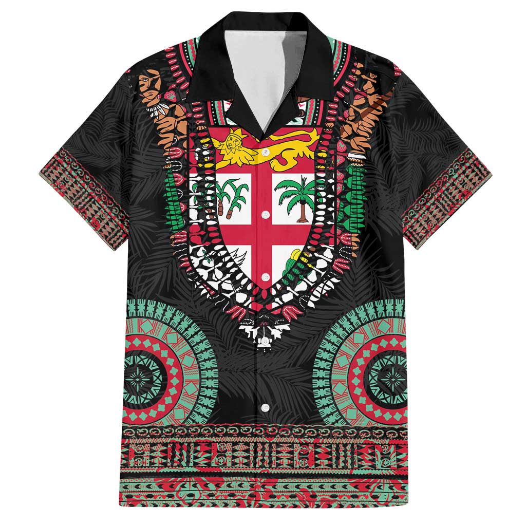 Fiji Coat of Arms Traditional Dashiki Family Matching Off Shoulder Maxi Dress and Hawaiian Shirt Tapa Art and Palm Leaves Pattern Black Color - Polynesian Pride