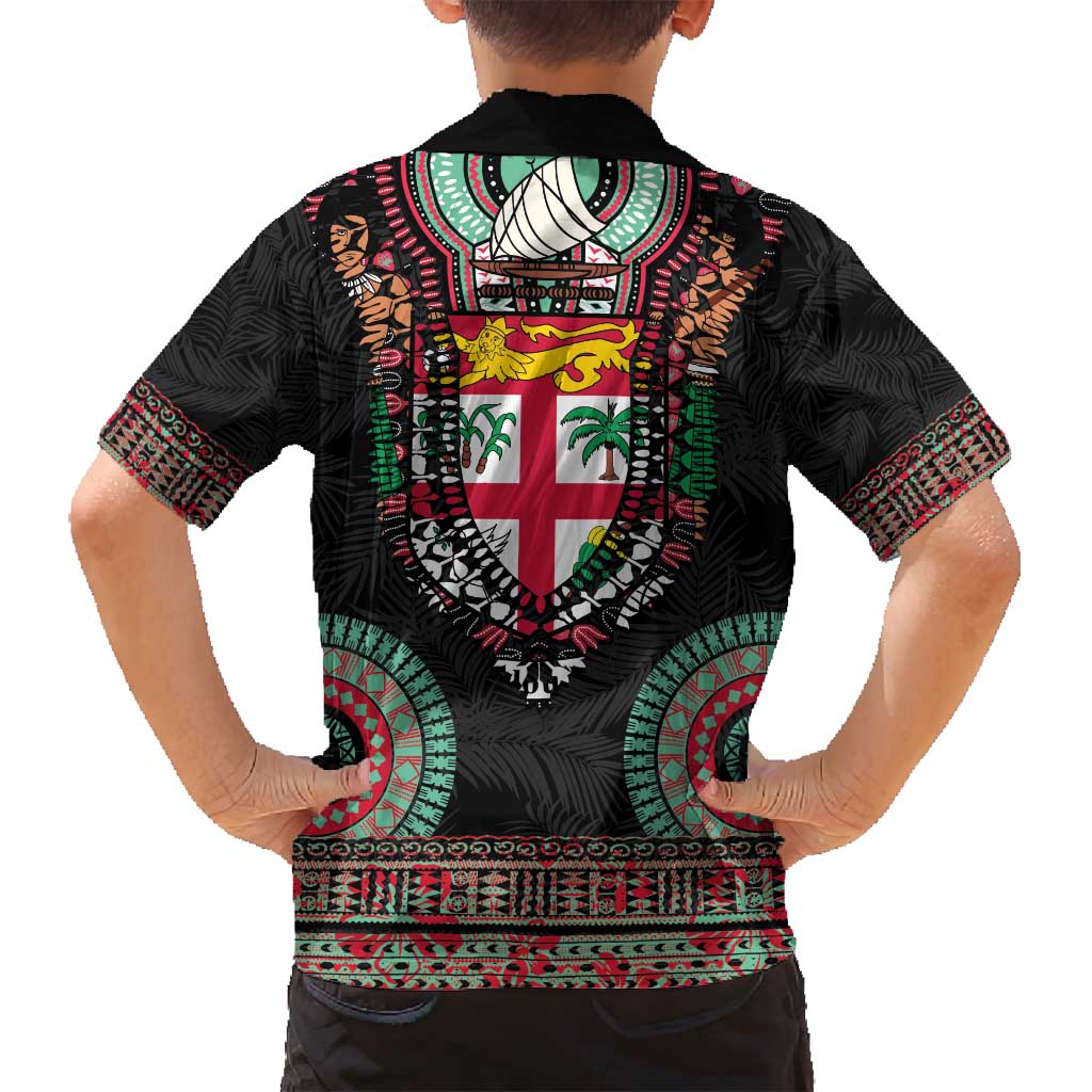 Fiji Coat of Arms Traditional Dashiki Family Matching Off Shoulder Short Dress and Hawaiian Shirt Tapa Art and Palm Leaves Pattern Black Color - Polynesian Pride