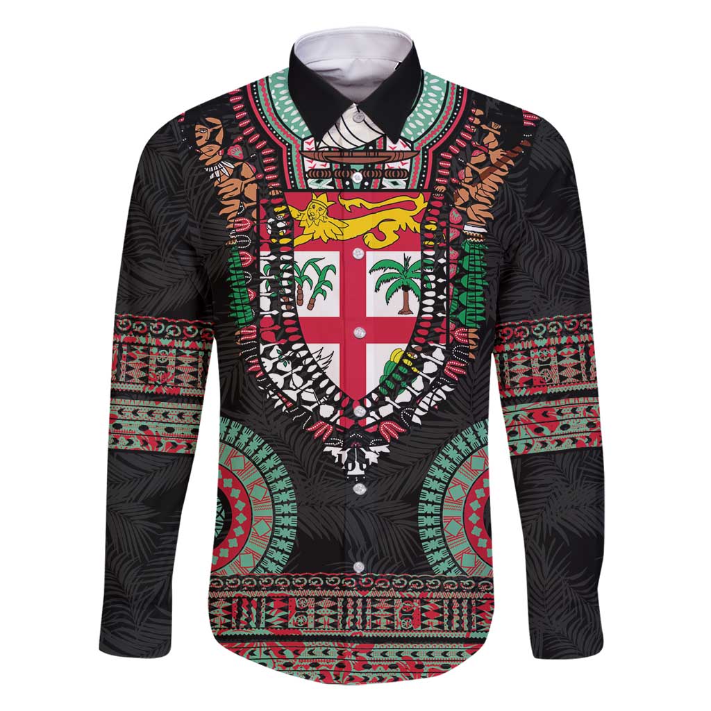 Fiji Coat of Arms Traditional Dashiki Family Matching Off Shoulder Short Dress and Hawaiian Shirt Tapa Art and Palm Leaves Pattern Black Color - Polynesian Pride