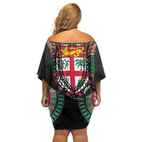 Fiji Coat of Arms Traditional Dashiki Family Matching Off Shoulder Short Dress and Hawaiian Shirt Tapa Art and Palm Leaves Pattern Black Color - Polynesian Pride