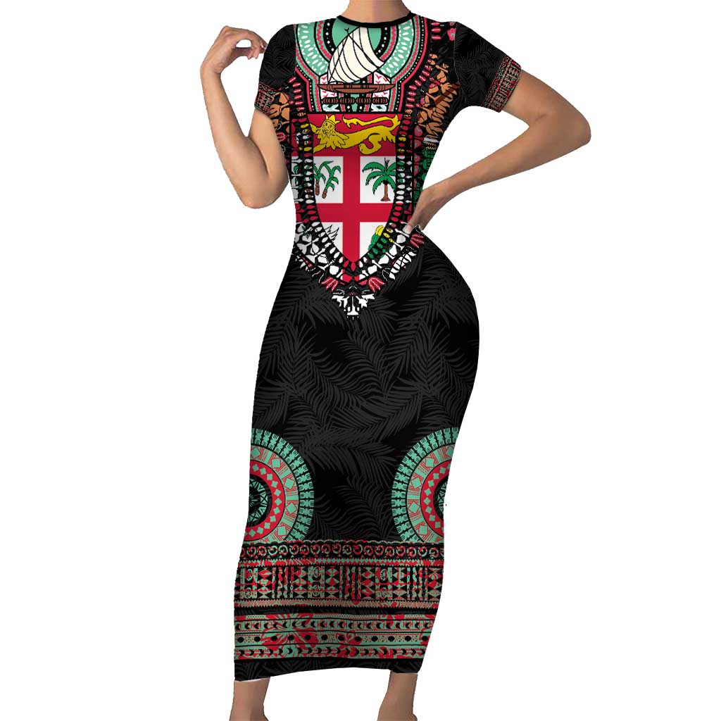 Fiji Coat of Arms Traditional Dashiki Family Matching Short Sleeve Bodycon Dress and Hawaiian Shirt Tapa Art and Palm Leaves Pattern Black Color - Polynesian Pride