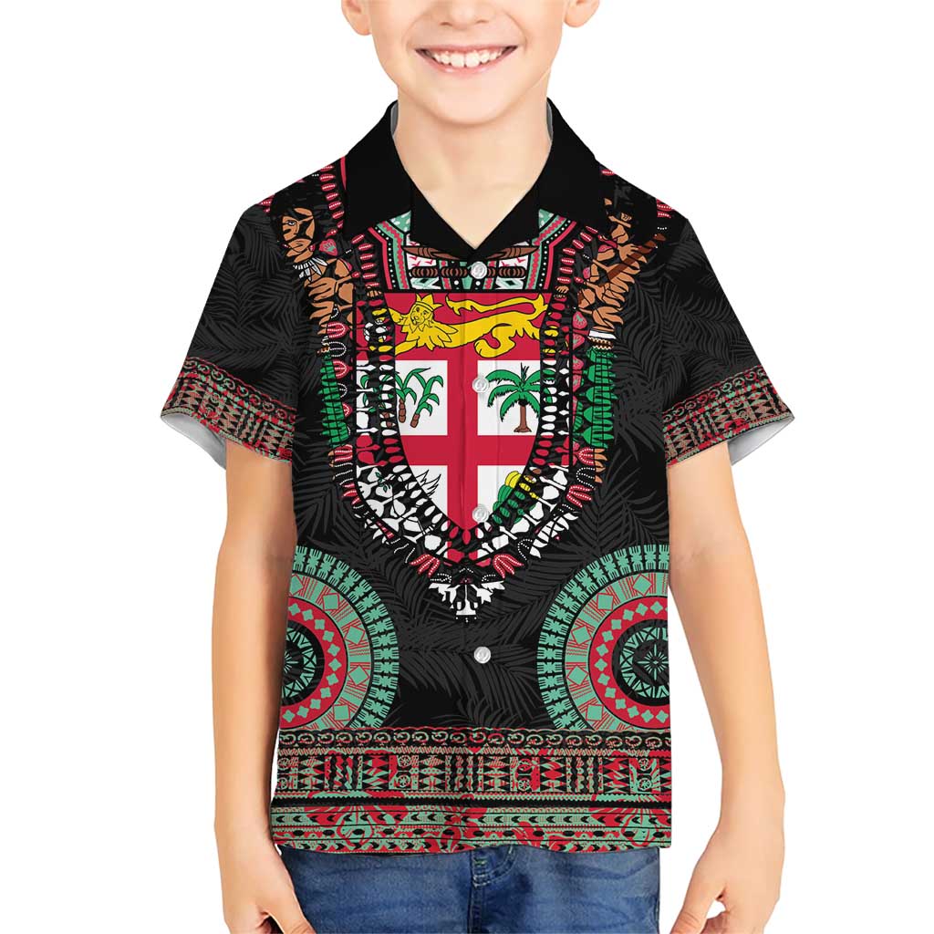 Fiji Coat of Arms Traditional Dashiki Family Matching Short Sleeve Bodycon Dress and Hawaiian Shirt Tapa Art and Palm Leaves Pattern Black Color - Polynesian Pride