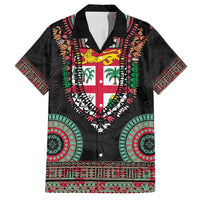 Fiji Coat of Arms Traditional Dashiki Family Matching Summer Maxi Dress and Hawaiian Shirt Tapa Art and Palm Leaves Pattern Black Color - Polynesian Pride