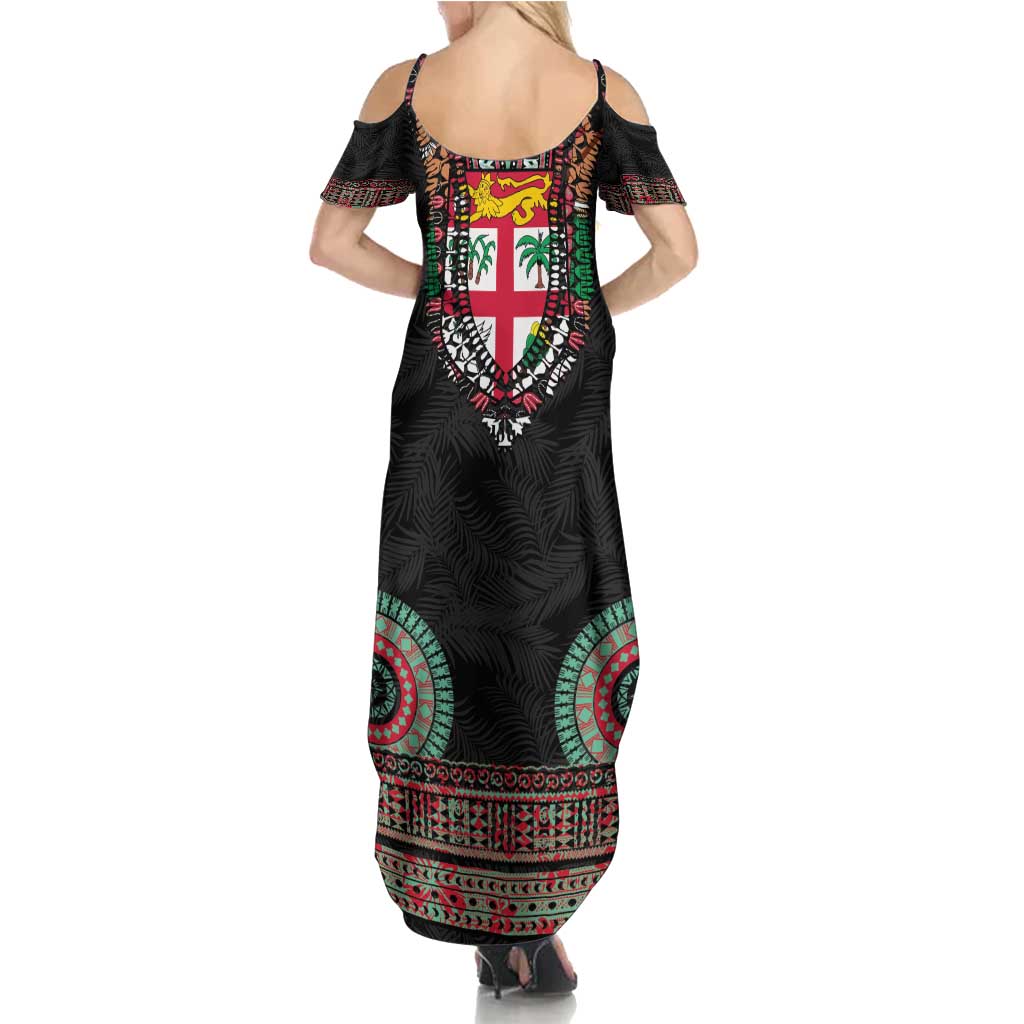 Fiji Coat of Arms Traditional Dashiki Family Matching Summer Maxi Dress and Hawaiian Shirt Tapa Art and Palm Leaves Pattern Black Color - Polynesian Pride