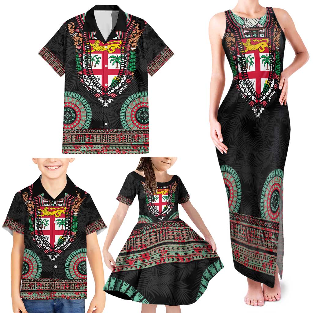 Fiji Coat of Arms Traditional Dashiki Family Matching Tank Maxi Dress and Hawaiian Shirt Tapa Art and Palm Leaves Pattern Black Color - Polynesian Pride
