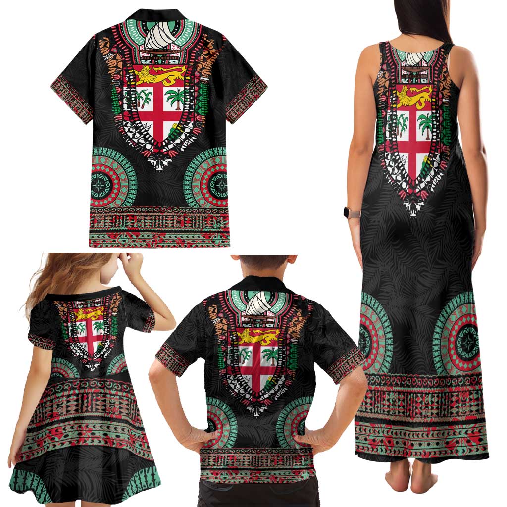 Fiji Coat of Arms Traditional Dashiki Family Matching Tank Maxi Dress and Hawaiian Shirt Tapa Art and Palm Leaves Pattern Black Color - Polynesian Pride
