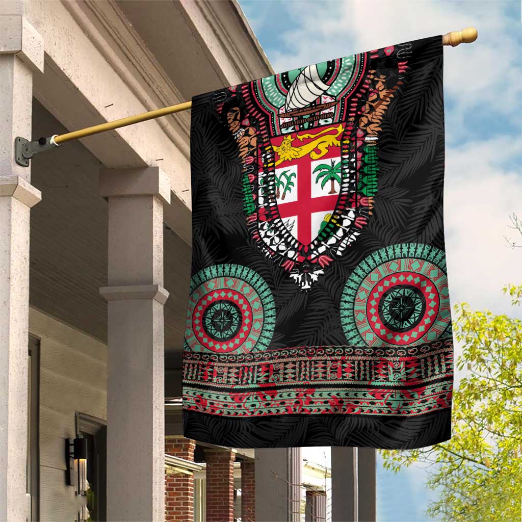 Fiji Coat of Arms Traditional Dashiki Garden Flag Tapa Art and Palm Leaves Pattern Black Color - Polynesian Pride