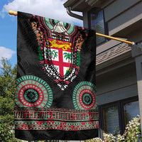 Fiji Coat of Arms Traditional Dashiki Garden Flag Tapa Art and Palm Leaves Pattern Black Color - Polynesian Pride