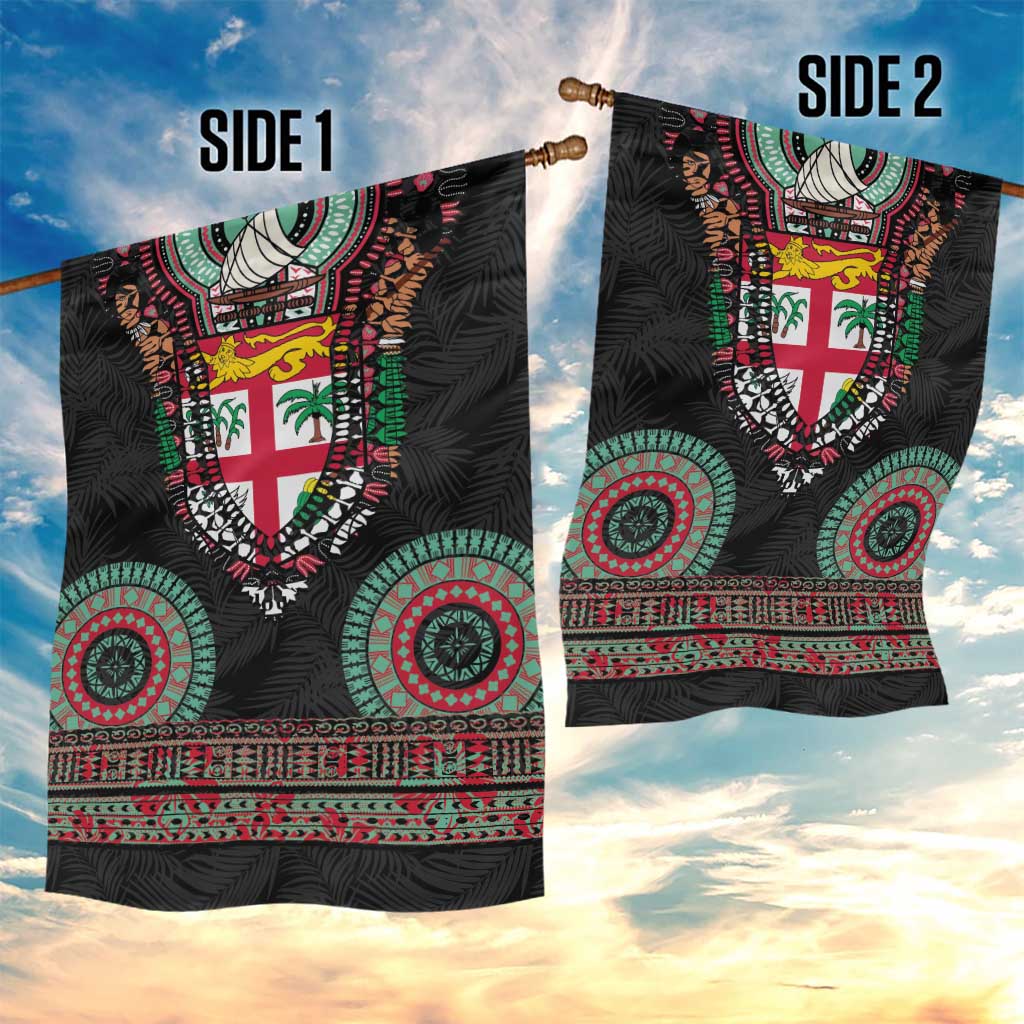 Fiji Coat of Arms Traditional Dashiki Garden Flag Tapa Art and Palm Leaves Pattern Black Color - Polynesian Pride